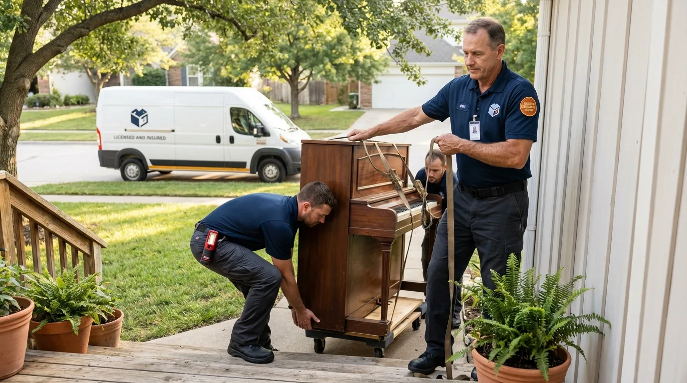 Licensed piano movers securing grand piano in Franklin, WI