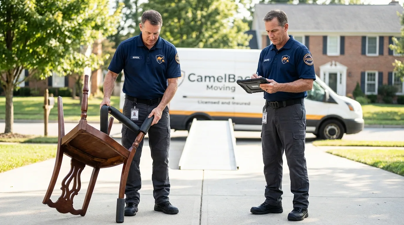 Movers inspecting furniture for damage prevention before loading in Franklin, WI