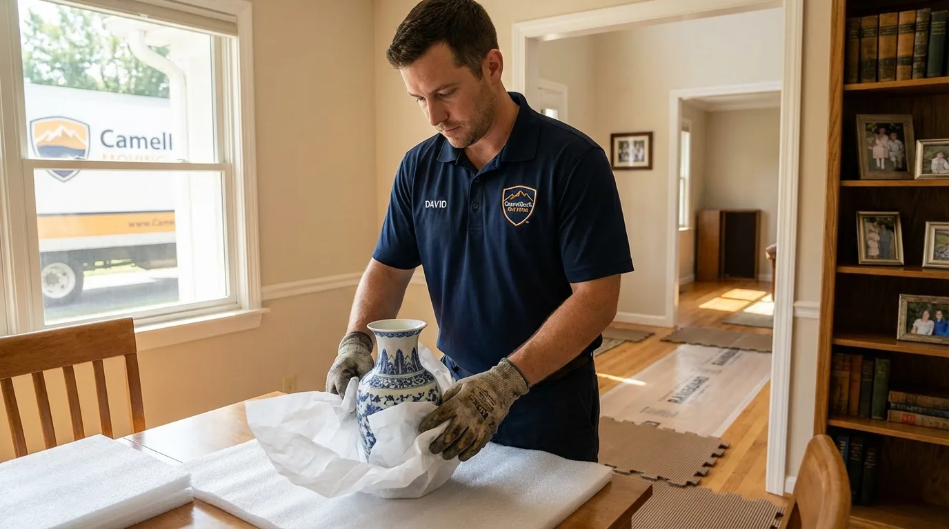Professional crew carefully wrapping antique vase for senior downsizing move in Franklin, WI